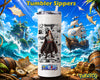 A white insulated tumbler with a clear lid and straw, printed with One Piece character Shanks and comic-style artwork, set against a vivid pirate-themed illustrated background with treasure, ship, waves, and the text 'Tumbler Sippers' and 'Poké Tog'.