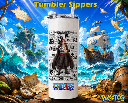 A white insulated tumbler with a clear lid and straw, printed with One Piece character Shanks and comic-style artwork, set against a vivid pirate-themed illustrated background with treasure, ship, waves, and the text 'Tumbler Sippers' and 'Poké Tog'.
