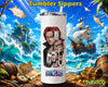 One Piece Shanks tumbler sipper featuring a detailed Red-Haired Shanks anime design on a white insulated tumbler with a clear lid and straw, shown against a pirate-themed ocean background.