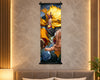 A vertical wall scroll poster featuring an anime character with bright yellow hair, displayed on a textured beige wall above a headboard in a modern bedroom setting.