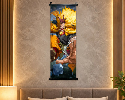 A vertical wall scroll poster featuring an anime character with bright yellow hair, displayed on a textured beige wall above a headboard in a modern bedroom setting.