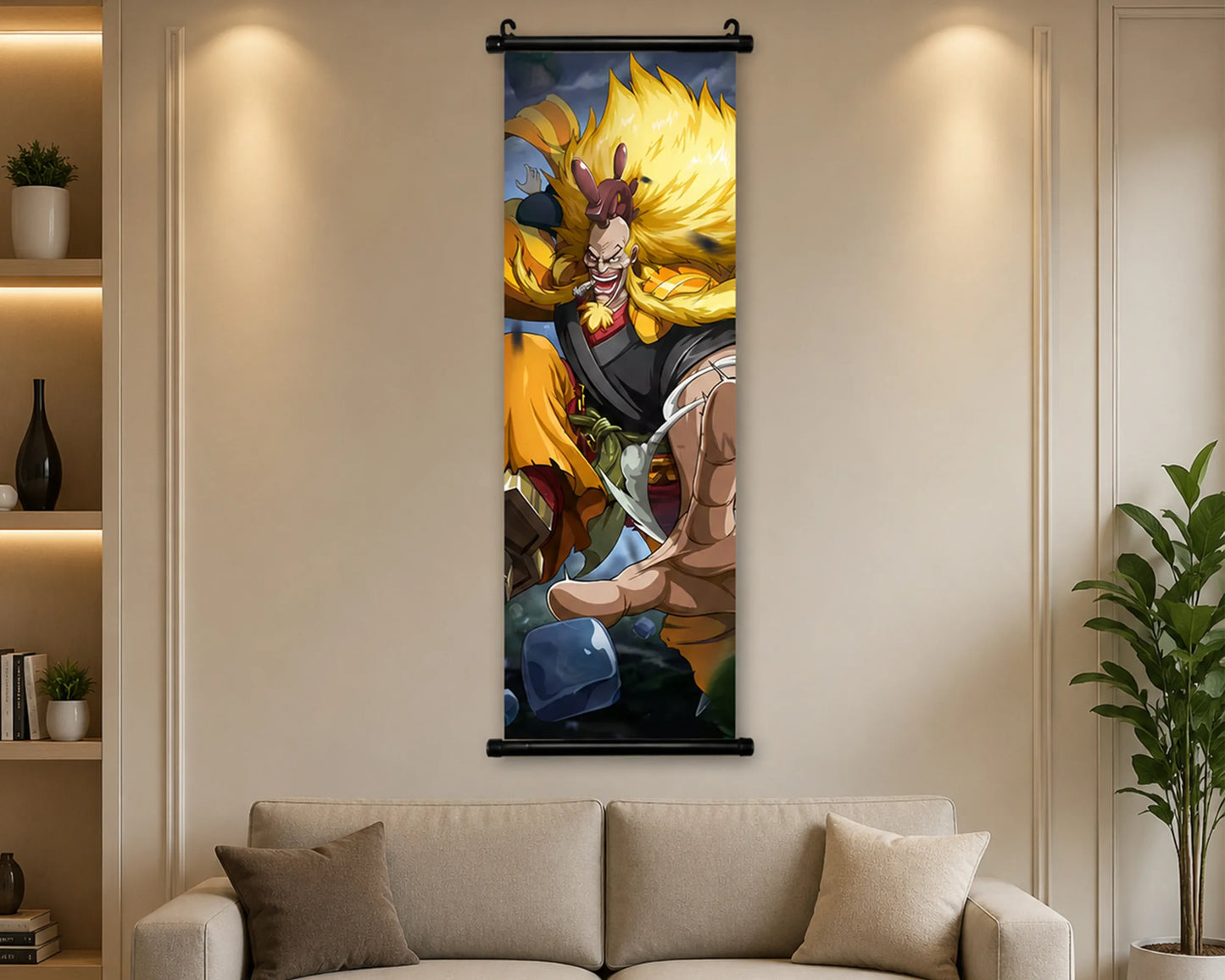 A vertical anime wall scroll poster featuring a character with bright yellow hair, displayed on a beige wall above a sofa in a modern living room setting.