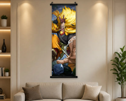 A vertical anime wall scroll poster featuring a character with bright yellow hair, displayed on a beige wall above a sofa in a modern living room setting.