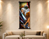 A vertical anime-style wall scroll poster featuring a warrior character with white hair and a sword, displayed on a beige marble wall above a light beige sofa in a modern living room setting.