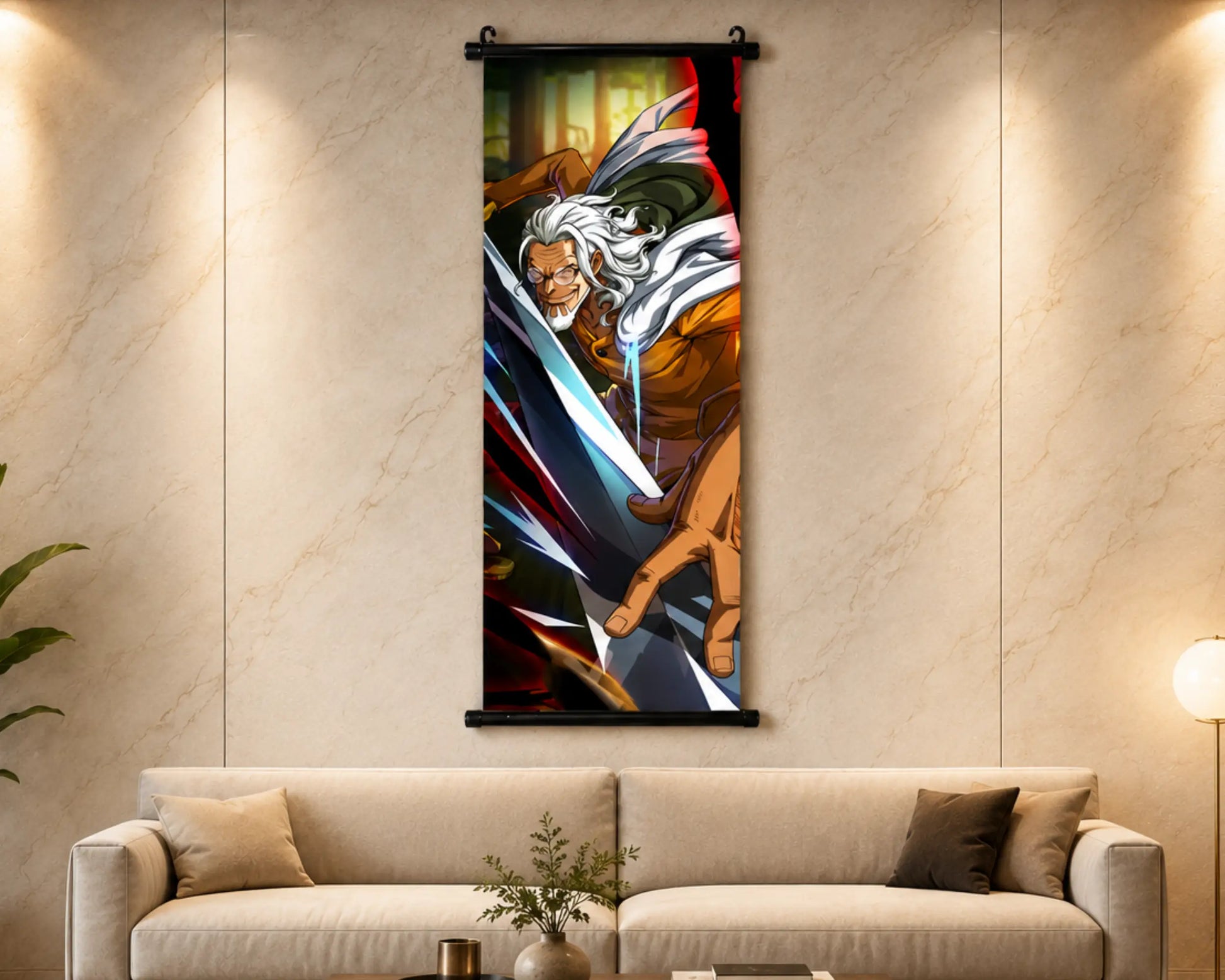A vertical anime-style wall scroll poster featuring a warrior character with white hair and a sword, displayed on a beige marble wall above a light beige sofa in a modern living room setting.