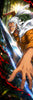 Anime-style artwork of an elderly man with long white hair and a beard, wearing an orange shirt, reaching forward with one hand while a large glowing blue sword or blade extends diagonally through a dark forest scene with red energy effects.