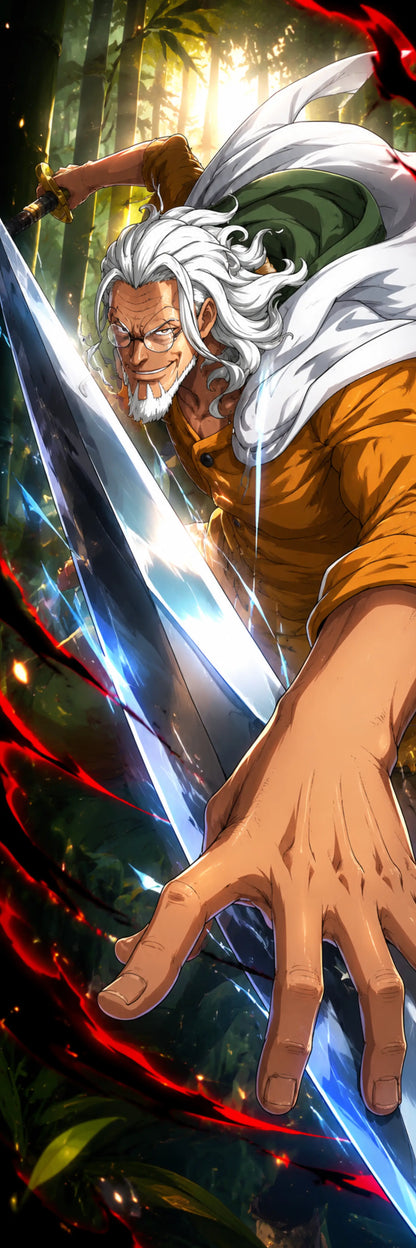 Anime-style artwork of an elderly man with long white hair and a beard, wearing an orange shirt, reaching forward with one hand while a large glowing blue sword or blade extends diagonally through a dark forest scene with red energy effects.