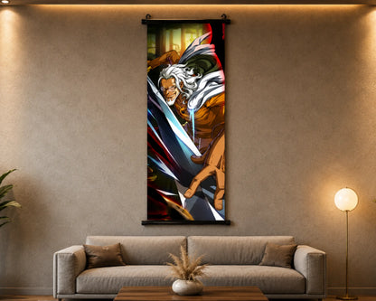 A vertical anime wall scroll poster featuring a warrior with white hair and a sword, displayed on a textured beige wall above a modern gray sofa in a styled living room.