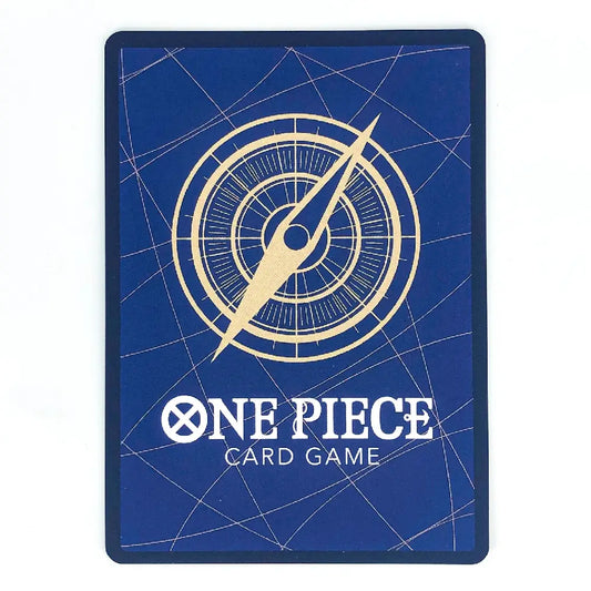 A blue One Piece Card Game box or package shown flat against a white background, featuring a gold compass design and white title text.