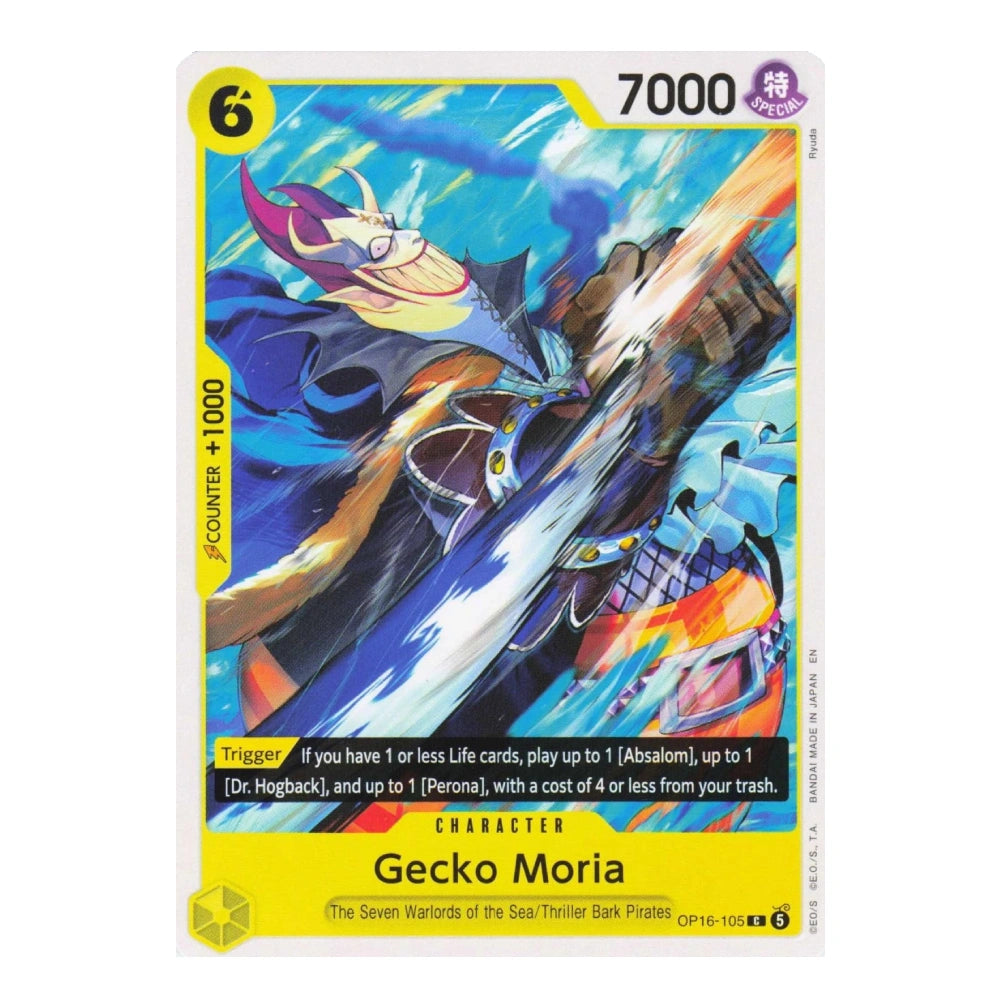 A single trading card featuring Gecko Moria from the TCG, with dynamic blue and orange artwork, a yellow border, and text showing 7000 power and a counter of +1000.