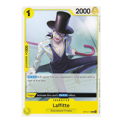A single trading card featuring the character Laffitte from Blackbeard Pirates, with a yellow border, character illustration, and game text. The card is photographed straight-on against a plain white background.