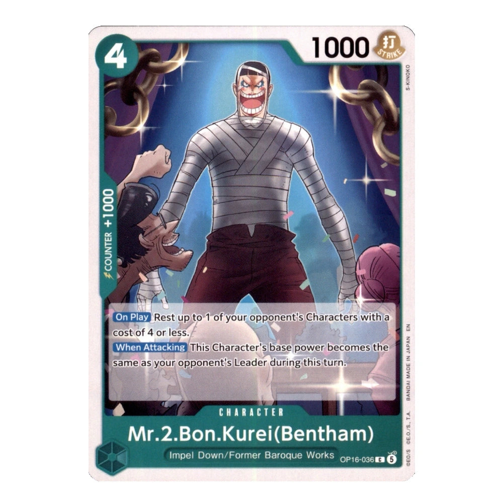 One Piece Card Game Mr. 2 Bon Kurei (Bentham) character card featuring the bandaged character with 1000 power.