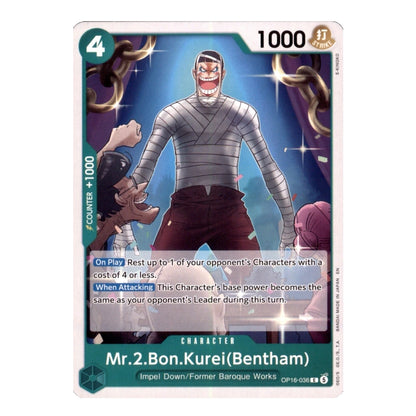 One Piece Card Game Mr. 2 Bon Kurei (Bentham) character card featuring the bandaged character with 1000 power.