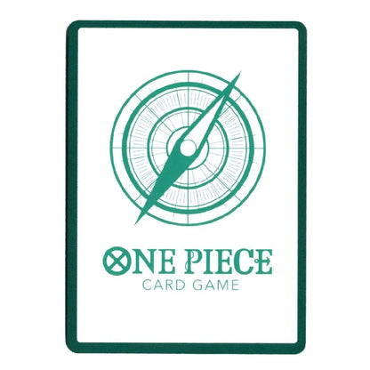 A white rectangular card game box or package with a dark teal border, compass graphic, and the text 'ONE PIECE CARD GAME' on a white background.