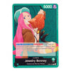 A collectible trading card featuring the character Jewelry Bonney from the Supernovas/Bonney Pirates, with a teal border, pink hair illustration, and game text including '5000' and '5 LIFE'.