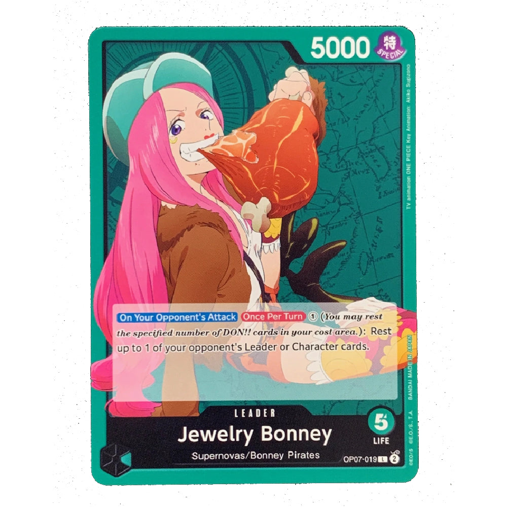 A collectible trading card featuring the character Jewelry Bonney from the Supernovas/Bonney Pirates, with a teal border, pink hair illustration, and game text including '5000' and '5 LIFE'.