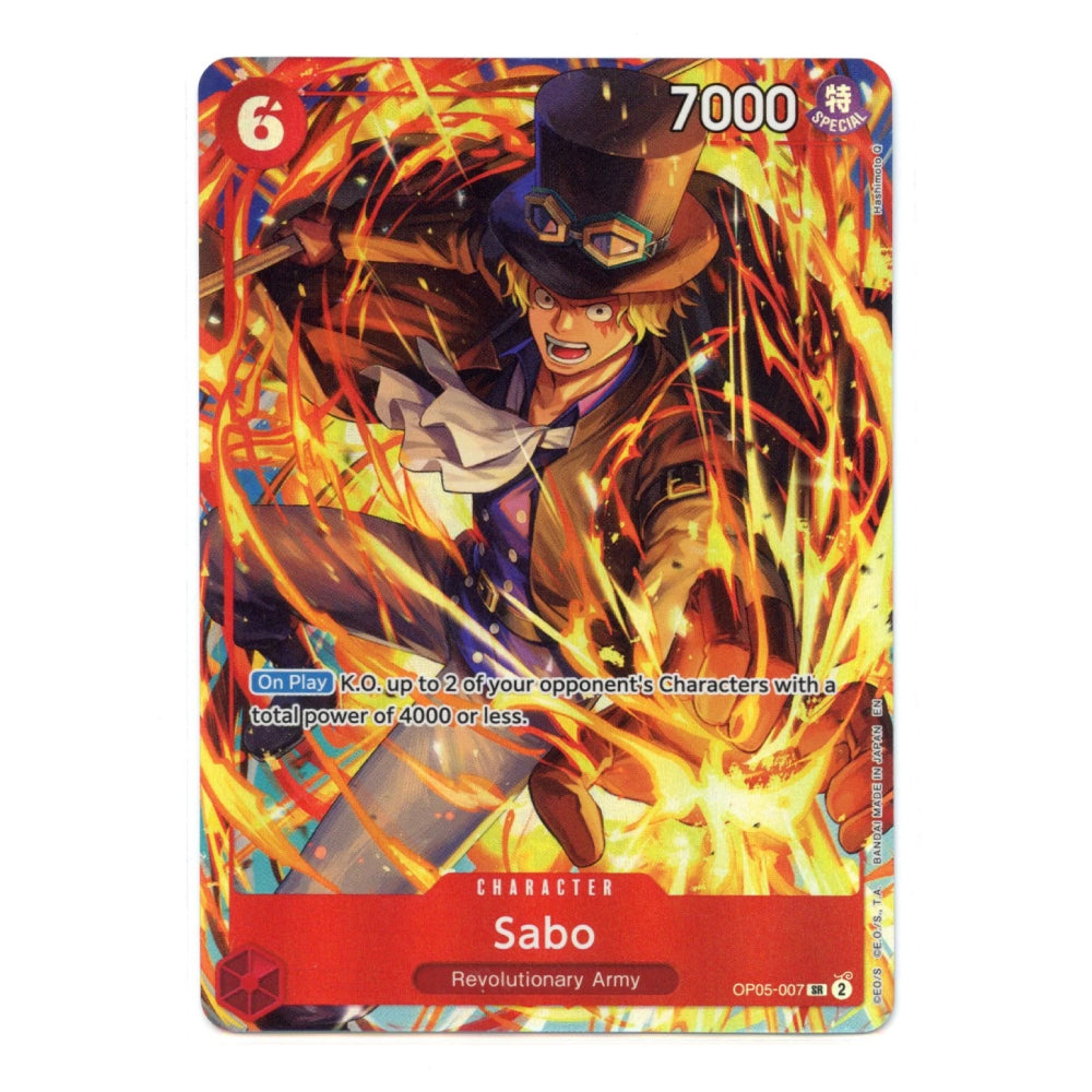 A single collectible trading card featuring anime-style artwork of Sabo from Revolutionary Army, with fiery orange and yellow effects, red text bands, and game text including '7000' and '6'.