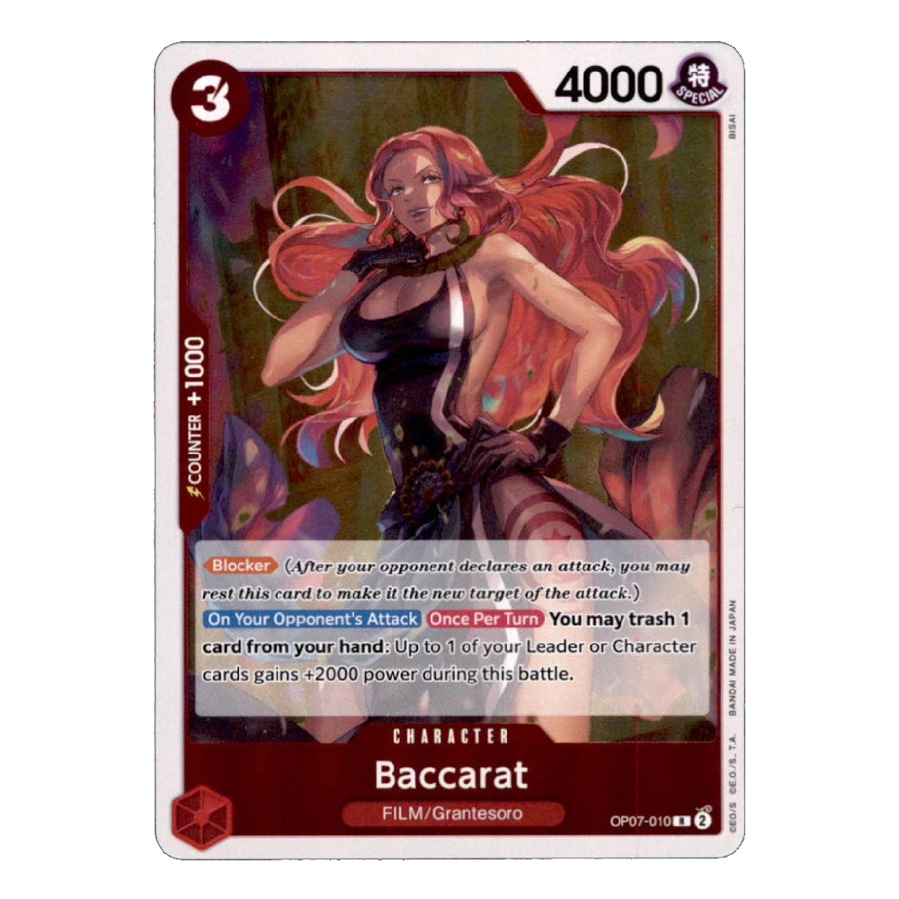 A single trading card featuring an illustrated female character with long red hair and a dark outfit, with the card name 'Baccarat' and text including '4000' and '3' on a white card border.