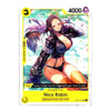 A collectible trading card featuring an anime-style illustration of Nico Robin, with yellow border elements, counters, and card text, photographed against a plain white background.