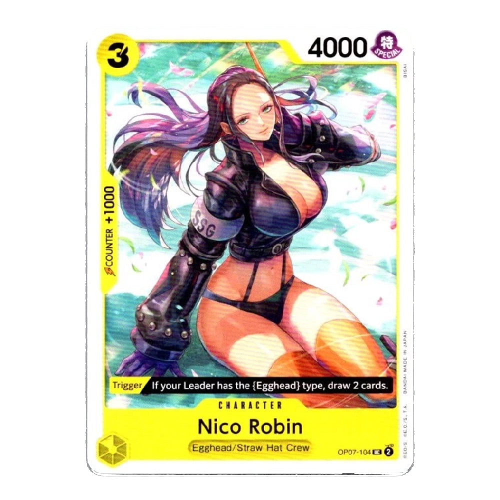 A collectible trading card featuring an anime-style illustration of Nico Robin, with yellow border elements, counters, and card text, photographed against a plain white background.