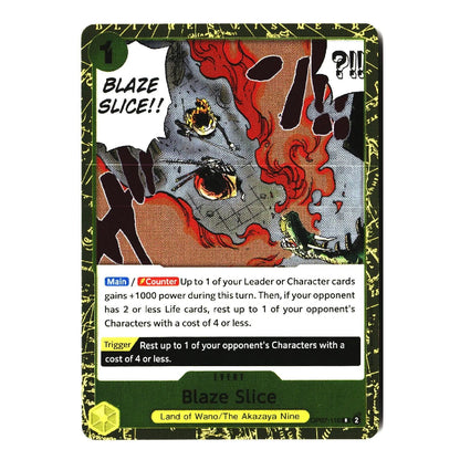 A collectible trading card titled 'Blaze Slice' from the Eelret franchise, featuring an illustration of a face with flames and the text 'BLAZE SLICE!!' on a dark green card frame.