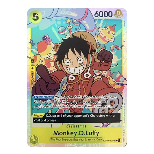 A holographic anime trading card featuring Monkey D. Luffy from One Piece, with a colorful character illustration and game text on a light iridescent card face.