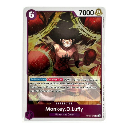 A single trading card featuring Monkey D. Luffy from the Straw Hat Crew, with artwork of him punching red apples and the card text and stats visible on a white card border.