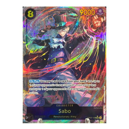 A holographic trading card featuring the character Sabo from Revolutionary Army, with a vibrant multicolor rainbow effect and Japanese text.