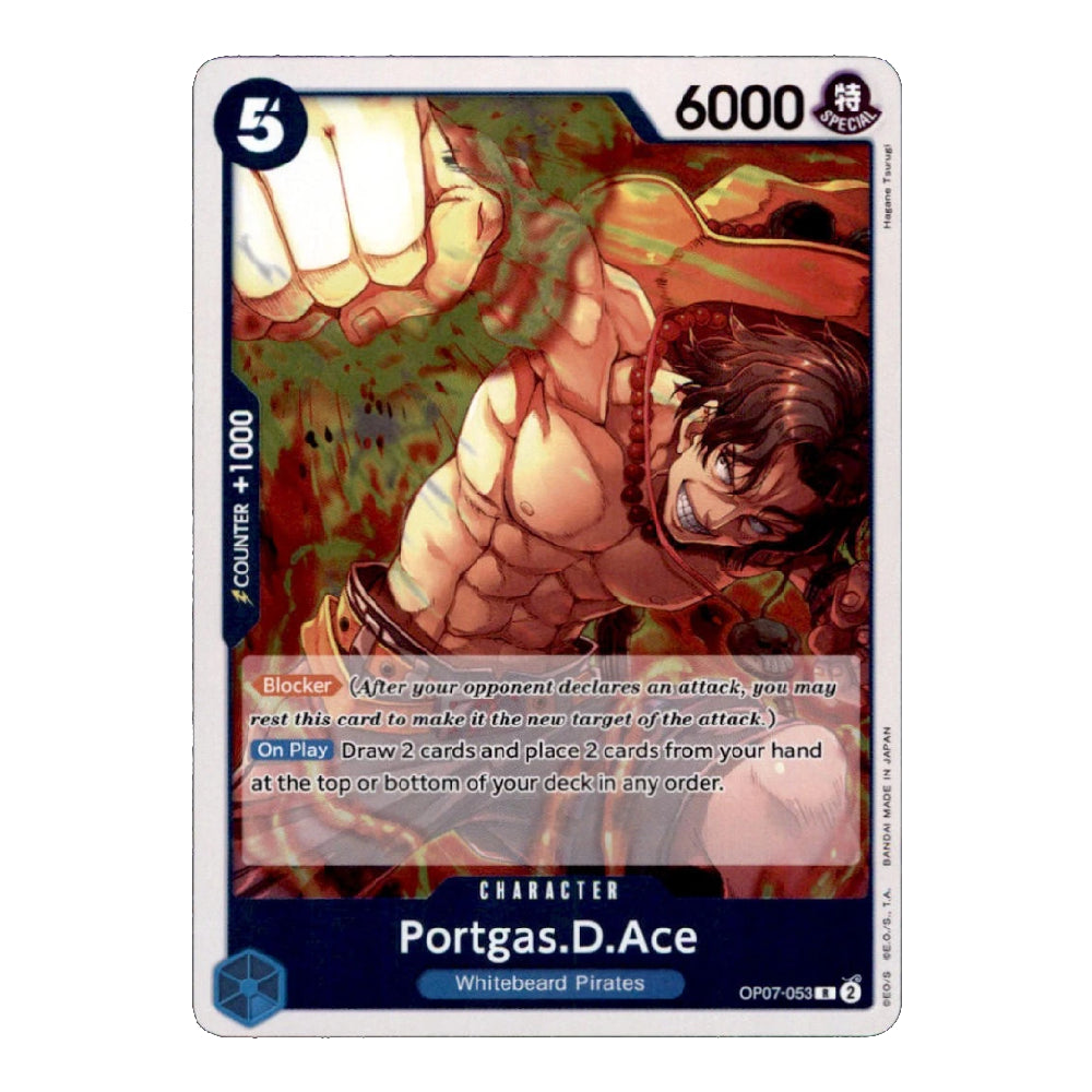 A single trading card featuring illustrated artwork of a muscular man with dark hair in a red headband, with card stats and the name Portgas.D.