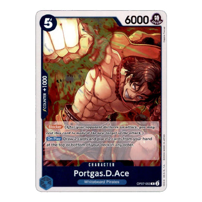 A single trading card featuring illustrated artwork of a muscular man with dark hair in a red headband, with card stats and the name Portgas.D.