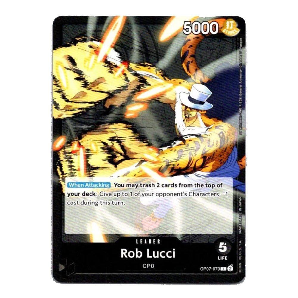 A Rob Lucci trading card from the GTO 707 set, featuring artwork of Rob Lucci in a white hat and sunglasses with a tiger, on a black background.
