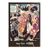 A One Piece trading card featuring a colorful anime illustration of the Pirate King and other sea warriors, with the text 'Your Turn +1000' at the bottom.