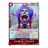 A Japanese character trading card featuring Enpolio Iwankofu from One Piece, with a large blue afro, wide open screaming mouth, and red clothing, shown on a white card border with game text and stats.