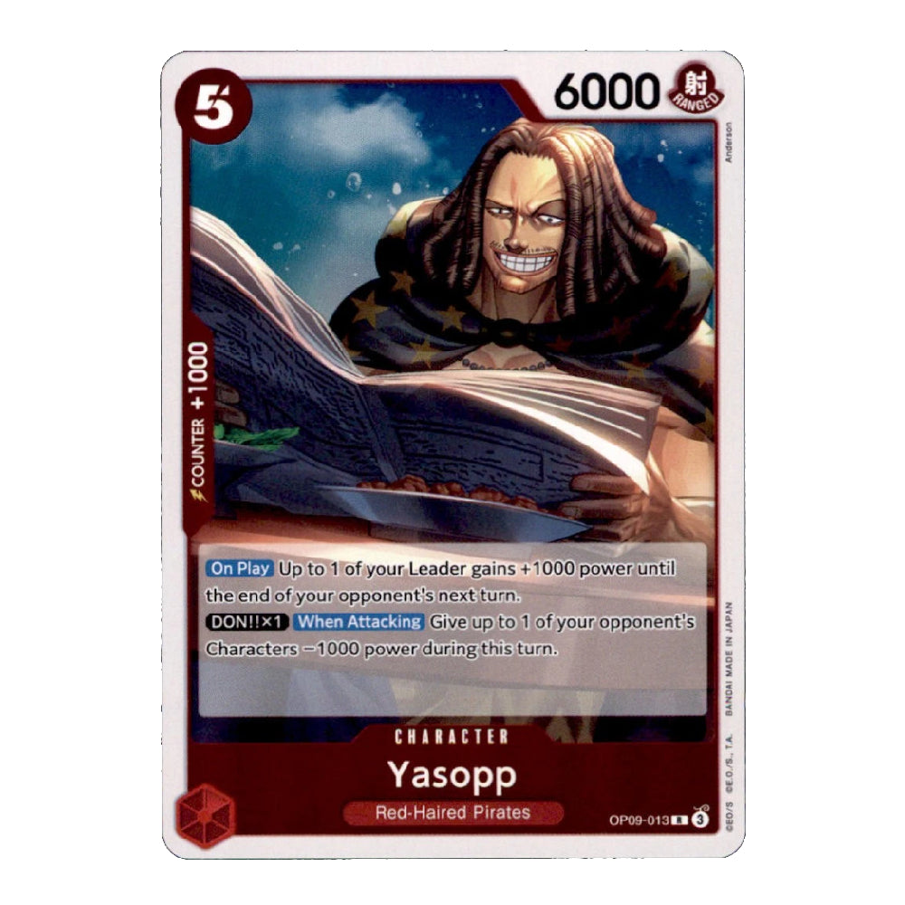 A single trading card featuring the character Yasopp from One Piece, with a red header, character art of a smiling man with long red hair, and game text including '6000' and '5'.