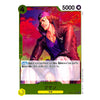 A Japanese character trading card featuring a stylized illustration of a woman in a purple outfit and pink hat against a red and purple background. The card has green borders, the number 4 in the top left, 5000 in the top right, and Japanese text across the lower section.