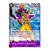 A Japanese character trading card featuring a colorful illustrated figure in a yellow and pink outfit with a striped hat, set against a blue and purple fantasy background. The card includes text boxes, a cost of 5 in the top-left corner, and 7000 in the top-right.