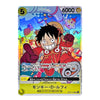 A holographic anime trading card featuring Monkey D. Luffy from One Piece, with a colorful space-themed illustration and Japanese text on a white card border.