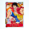 A One Piece trading card featuring Monkey D. Luffy in a dynamic pose, with his signature red coat, blue shorts, and straw hat against a fiery orange background.
