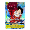 A holographic trading card featuring Monkey D. Luffy from One Piece, with a blue and iridescent background and a red fist raised in the foreground.