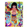 A holographic anime trading card featuring Monkey D. Luffy from One Piece, with a vibrant yellow, blue, and red background and Japanese text.