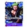 A character trading card featuring Roronoa Zoro from One Piece, with a blue and purple background, his green hair, and a sword, shown on a white background.