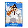 A collectible character card featuring Booby Funk from the anime One Piece, with a blue border, Japanese text, and a white background around the card.