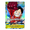 A holographic anime trading card featuring Monkey D. Luffy from One Piece, with a blue and green iridescent background and Japanese text.
