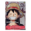 A collectible character card featuring Monkey D. Luffy from the anime One Piece, with his signature straw hat and wide grin, on a red-bordered card with Japanese text and card stats.