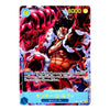 A single trading card featuring an illustrated character in a red and black outfit with dynamic comic-style artwork, Japanese text, and a blue bottom banner on a plain white background.