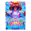 A holographic trading card featuring the character Bagoo from the anime One Piece, with a vibrant clown illustration and blue border details.