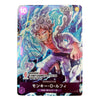 A holographic collectible character card featuring Monkey D. Luffy from One Piece, with a blue and purple background and character text at the bottom.