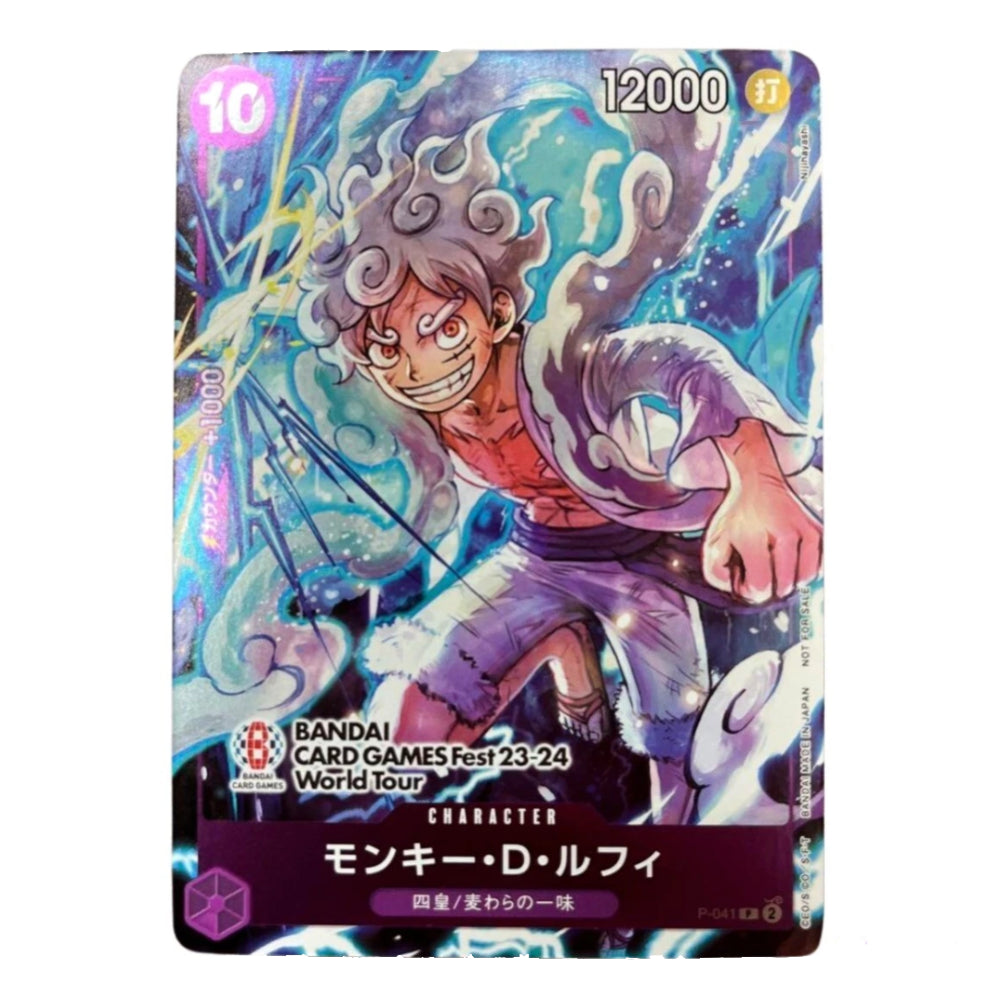 A holographic collectible character card featuring Monkey D. Luffy from One Piece, with a blue and purple background and character text at the bottom.