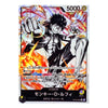 A holographic anime trading card featuring Monkey D. Luffy from One Piece, with a dynamic illustration of him punching forward against a fiery background.