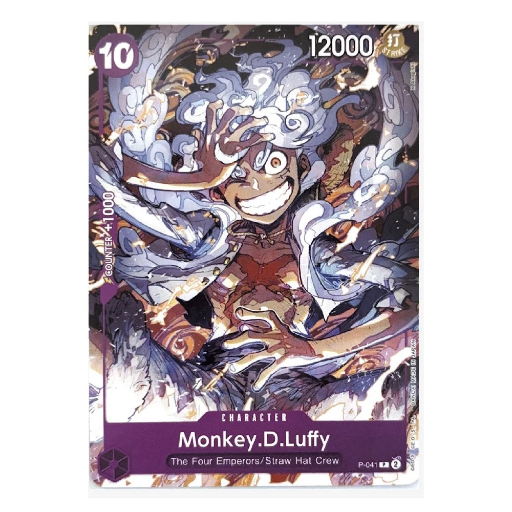 A collectible trading card featuring Monkey D. Luffy from One Piece, with illustrated artwork of the character surrounded by straw hats and blue energy effects.